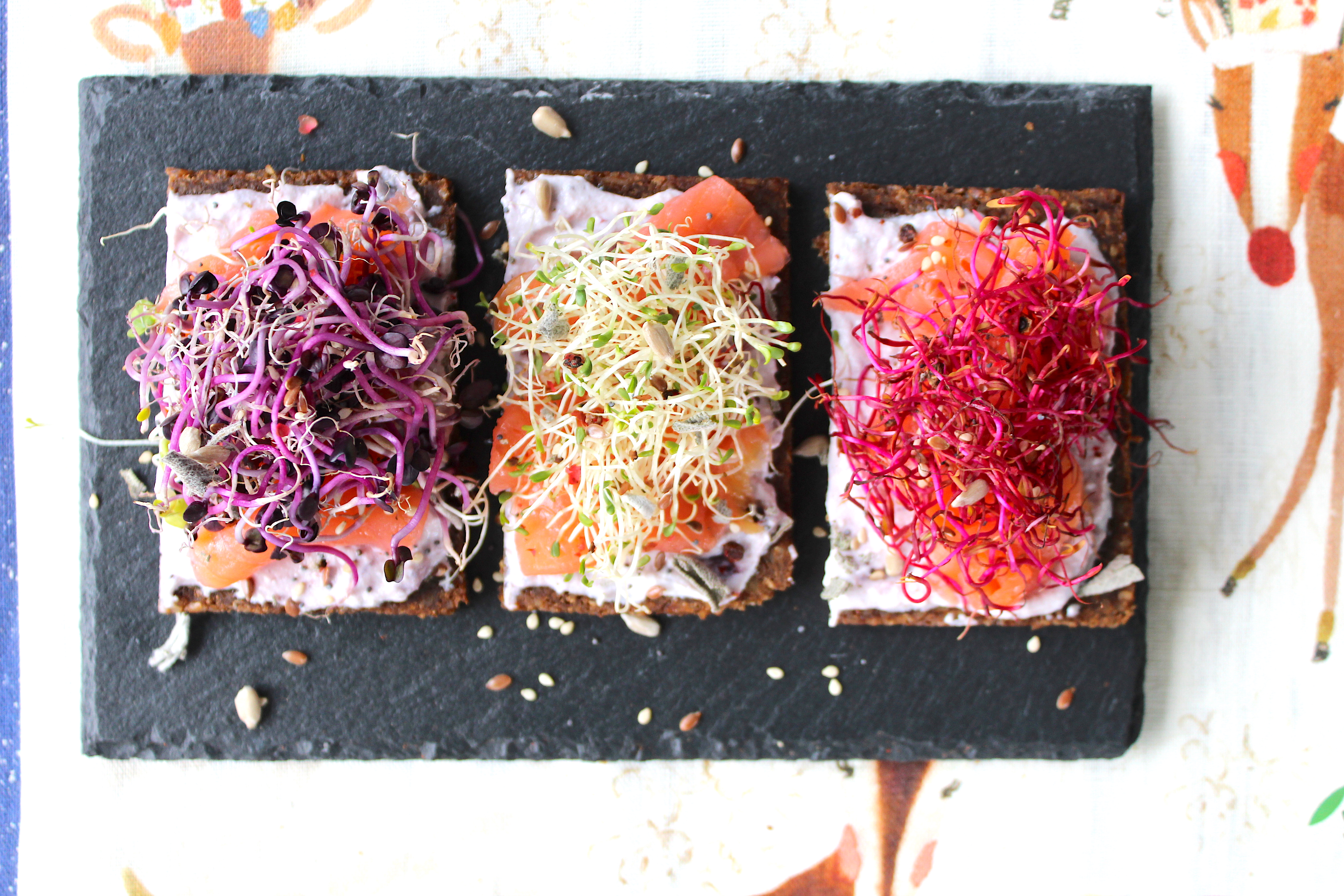 Colazione nordica: tartine con ricotta ai frutti di bosco, salmone e germogli