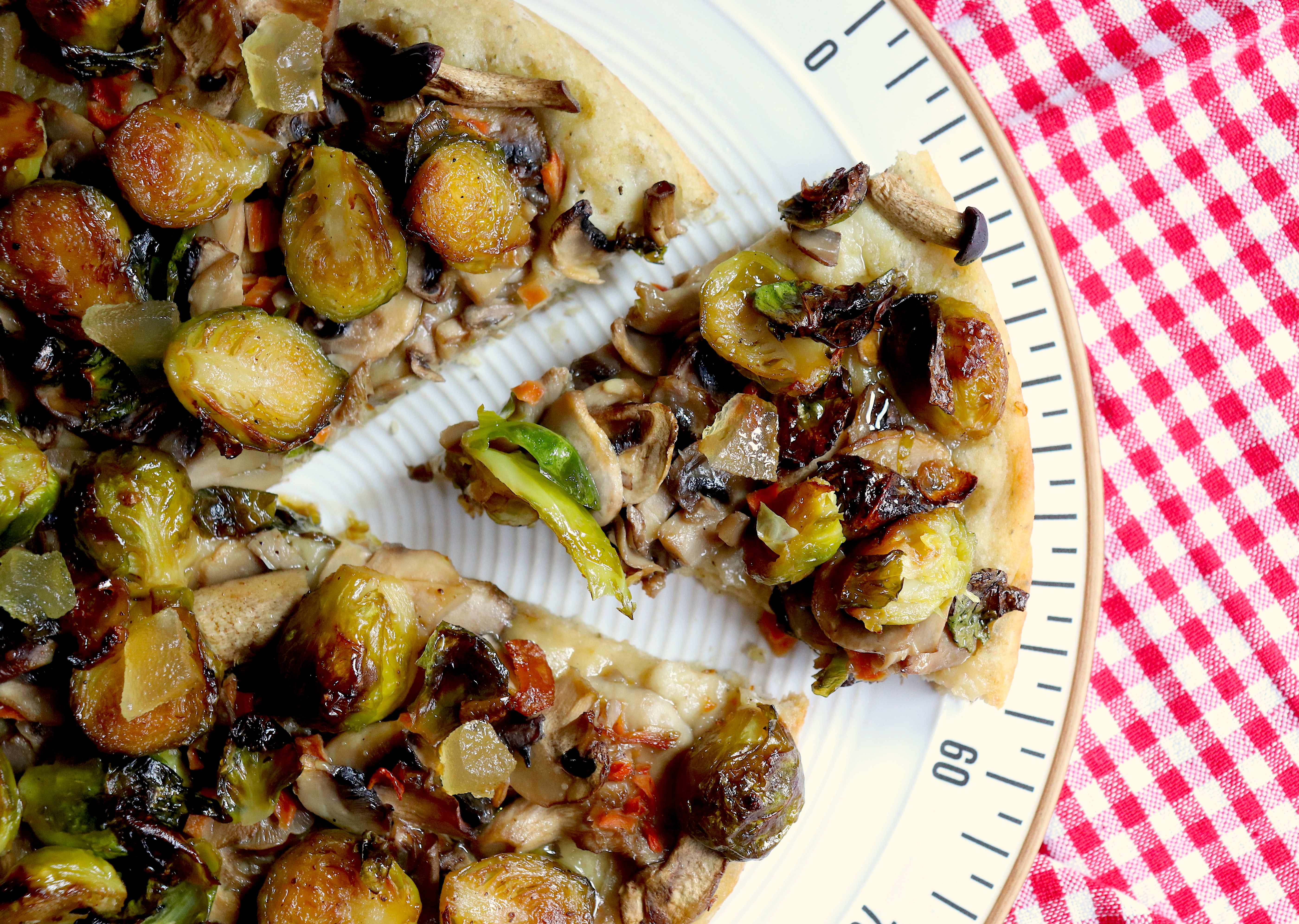 Multigrain sourdough Pizza with Brussels sprouts, mushrooms and apple chutney
