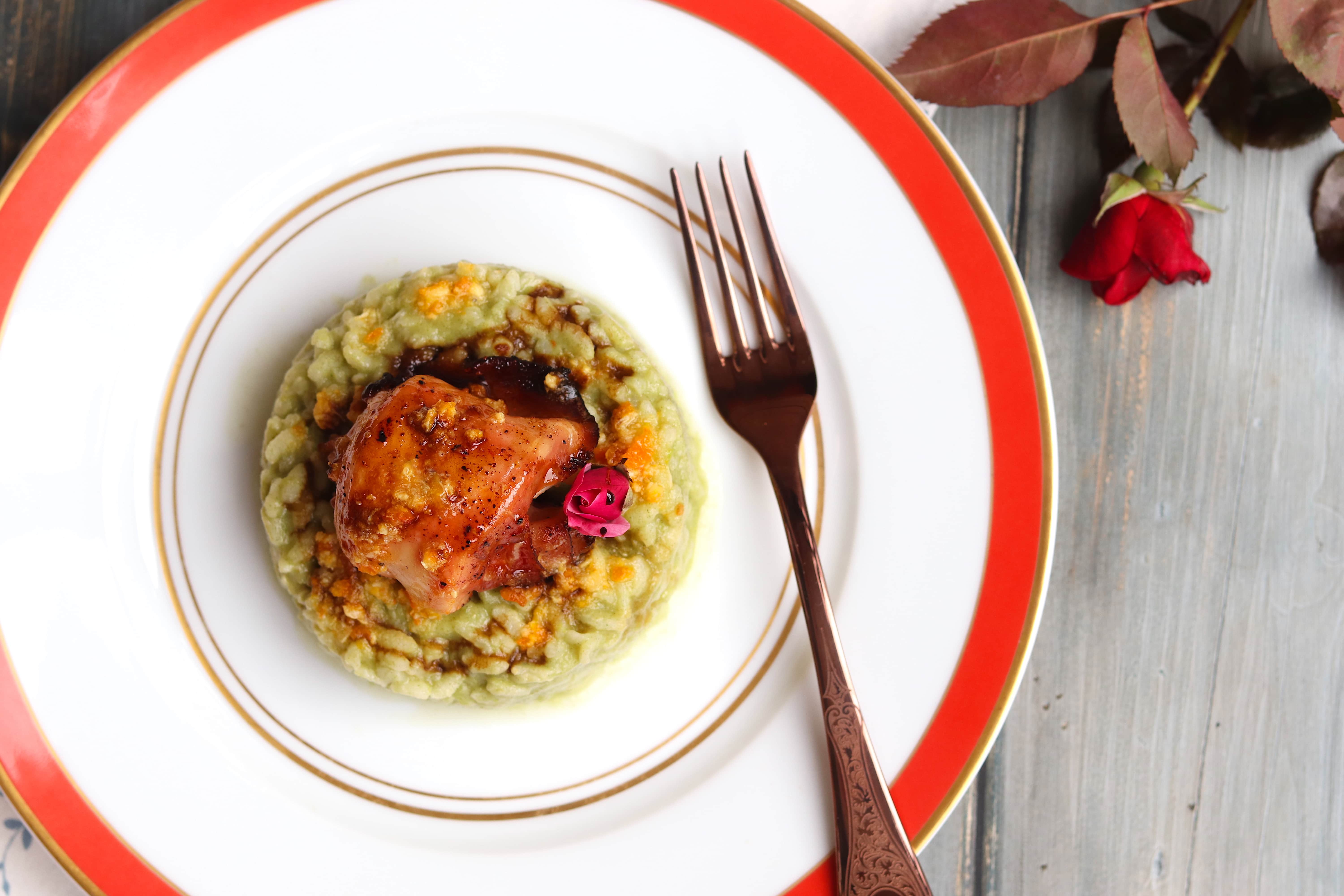 risotto con rombo speck e mandarino