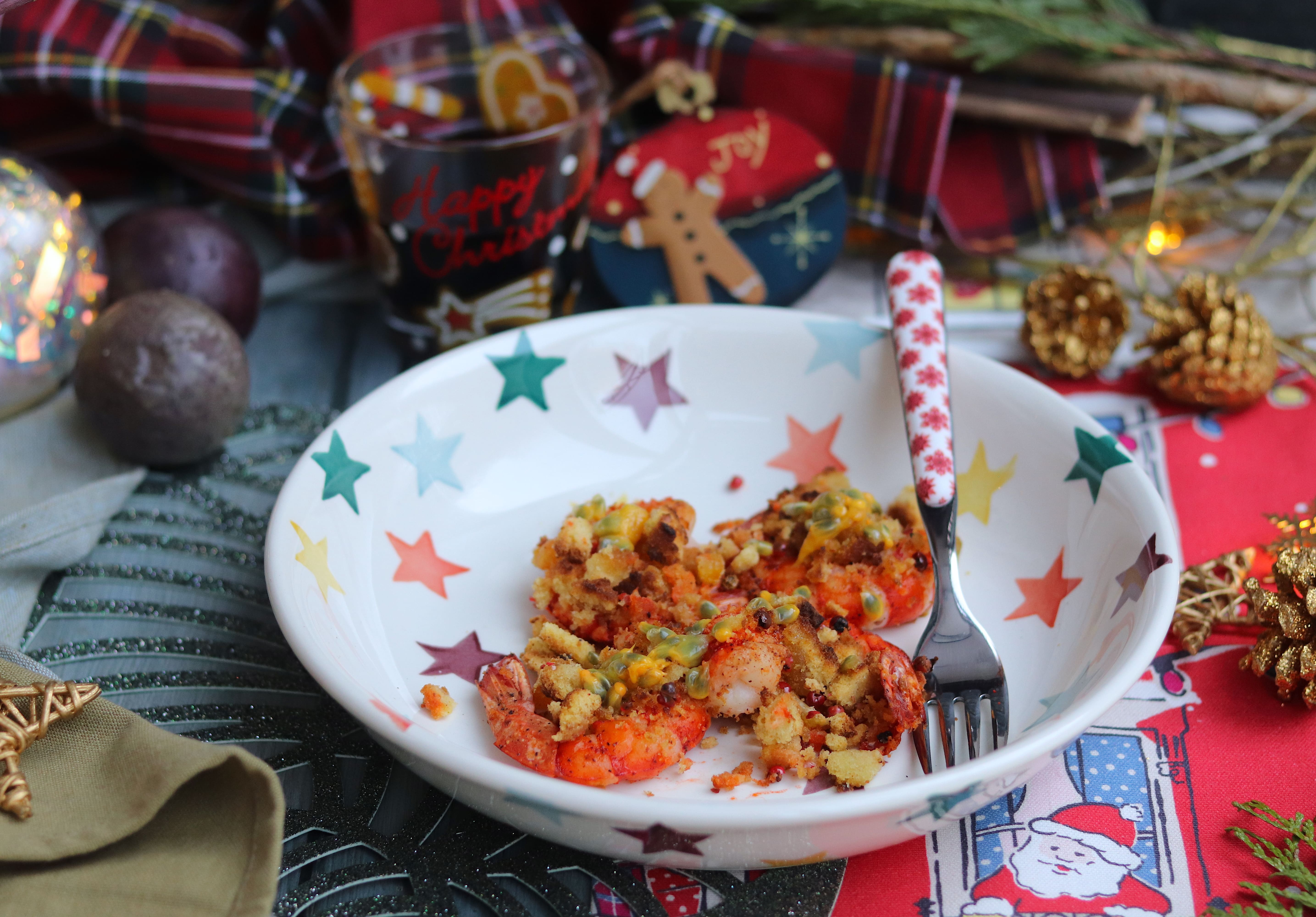 Gamberi al Calvados gratinati con panettone